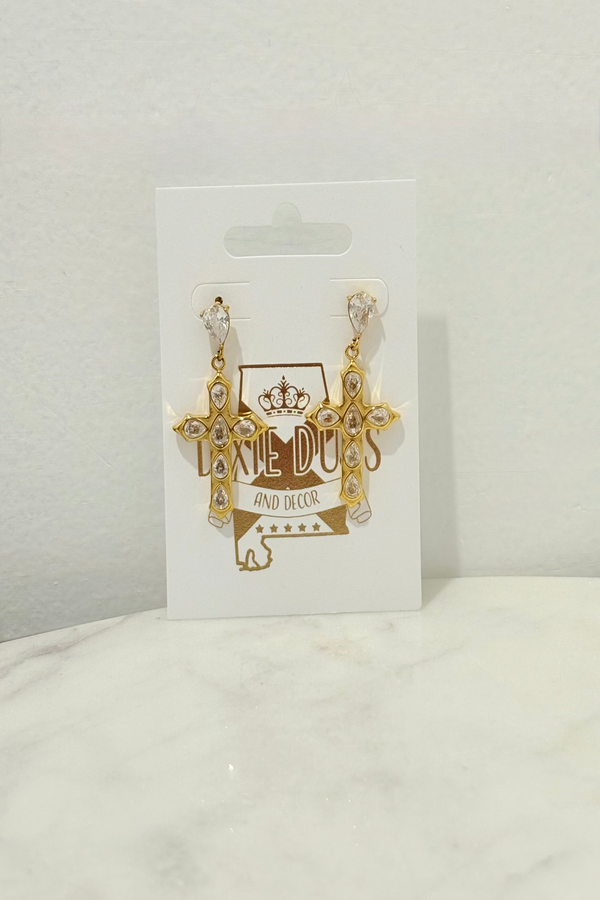 Gold Dangle Cross Earrings