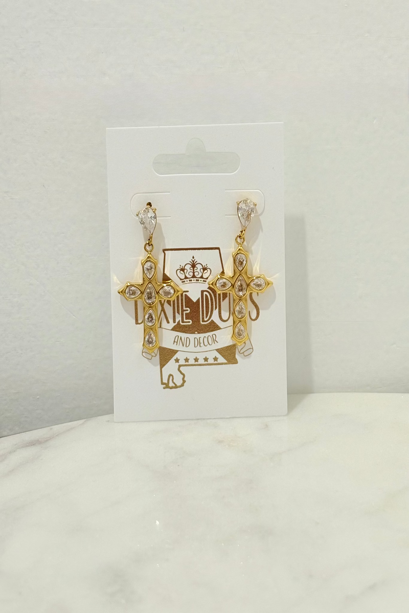 Gold Dangle Cross Earrings