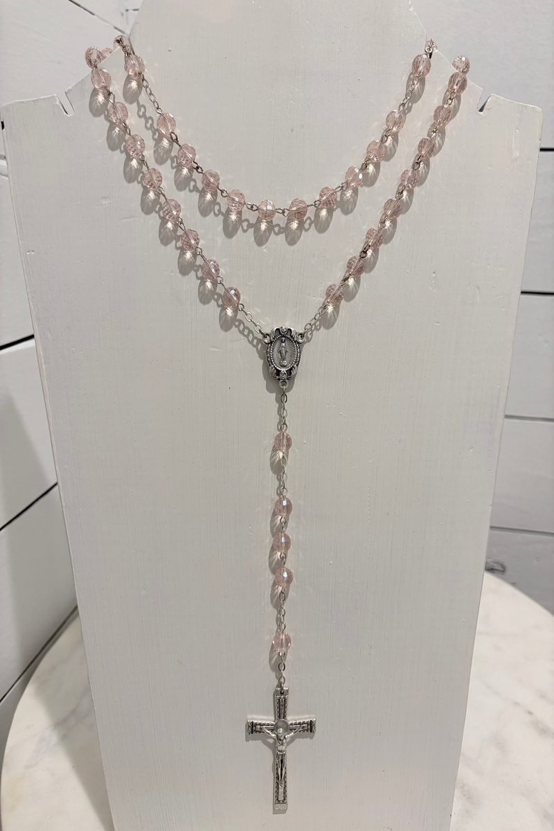 Pink Crystals w/ Silver Cross-Rosary