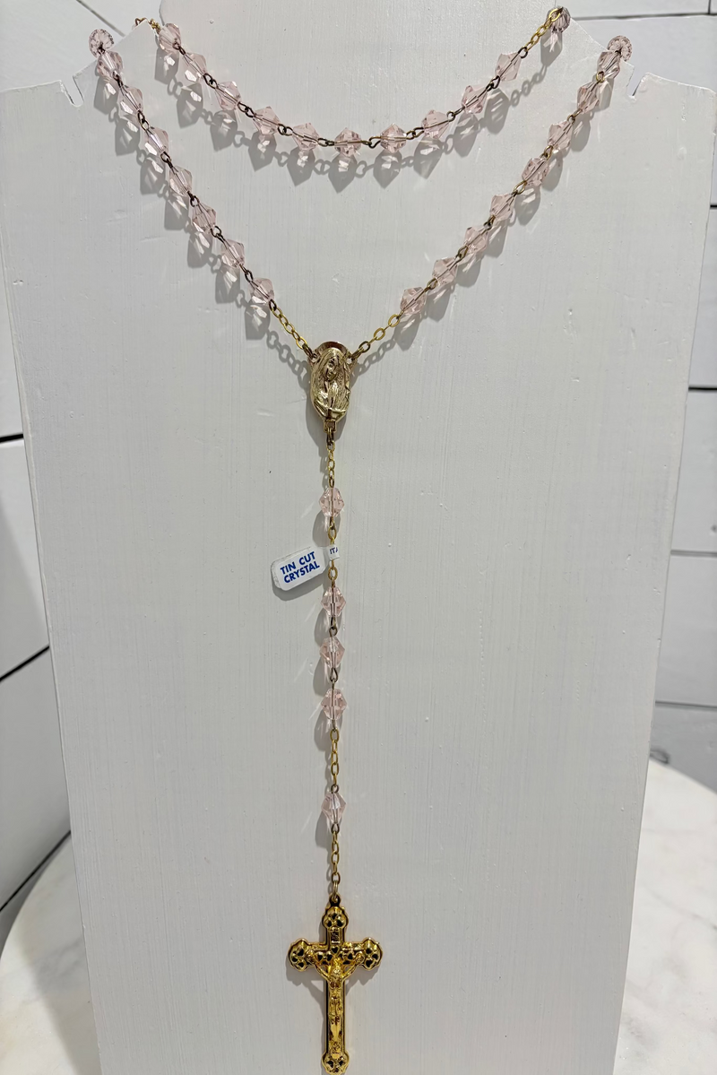 Pink Crystals w/ Jesus on Gold Cross- Rosary