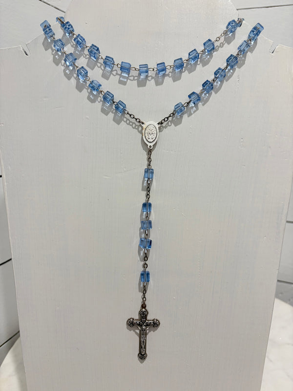 Blue Crystal Beads w/ Silver Cross- Rosary