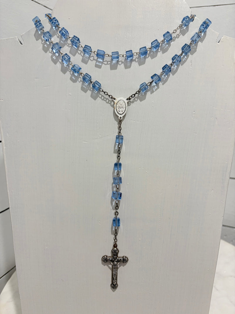 Blue Crystal Beads w/ Silver Cross- Rosary
