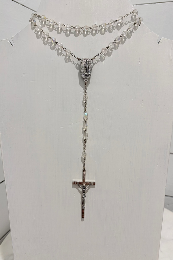 Clear Crystal Beads w/ Jesus on Silver Cross- Rosary