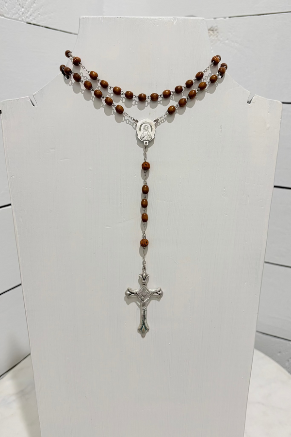 Brown Wood Beads w/ Jesus on Cross- Rosary