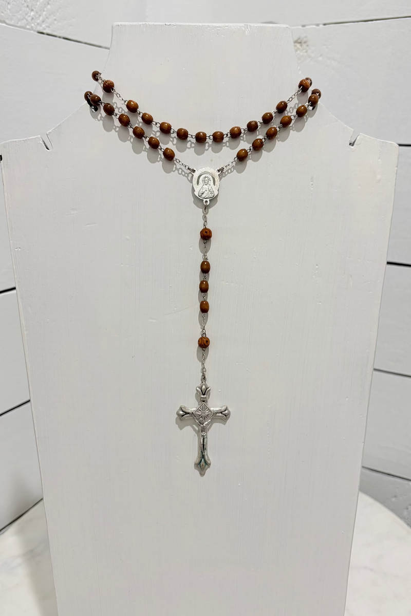 Brown Wood Beads w/ Jesus on Cross- Rosary