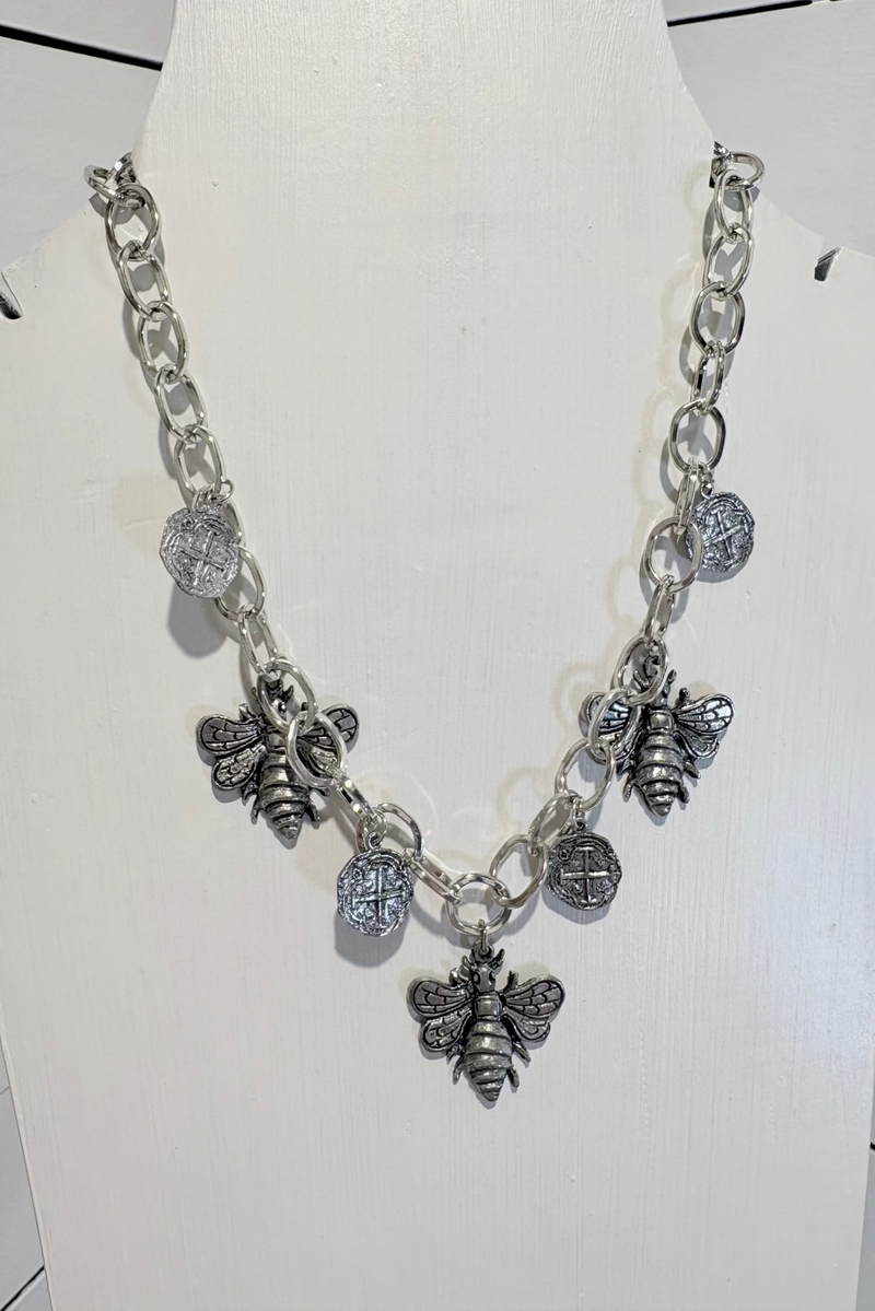 Bee W/ Cross Coins SP Chain Necklace