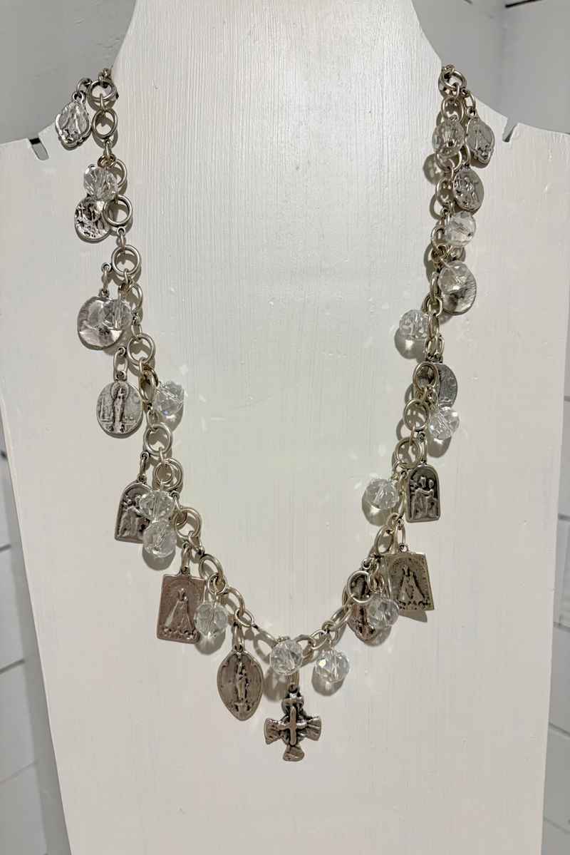 Silver Crystal Religious Replica Charm Necklace