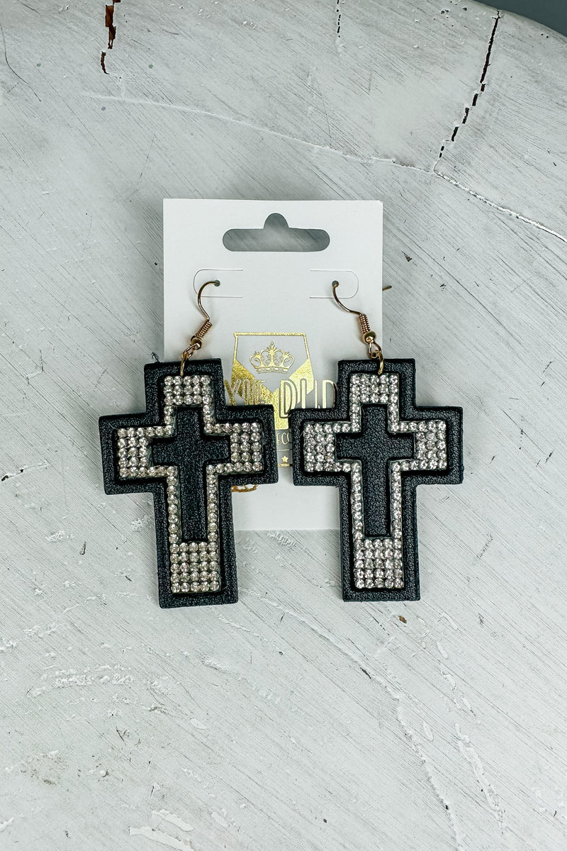 Black & Silver Rhinestone Dangle Cross Earrings
