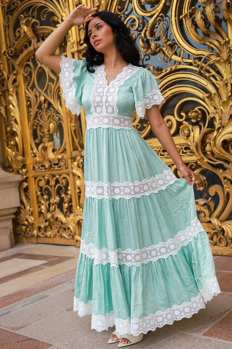 lace tiered maxi dress Brown Boots Knee High soft blue wrap dress Hidden back zipper/clasp Size:Medium 4/6)