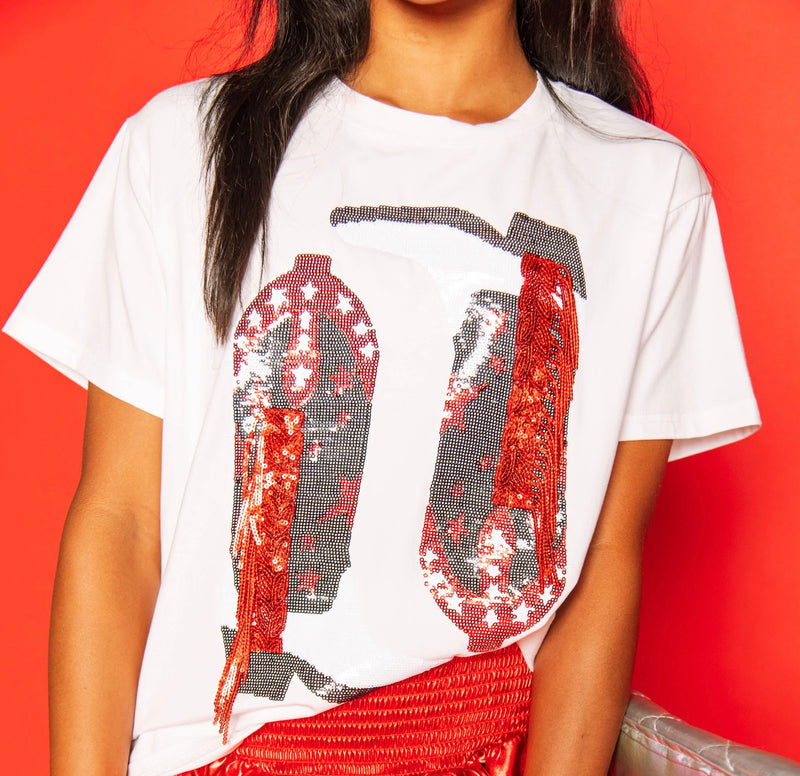 Queen Of Sparkles Red & White Fringe Boot Tee