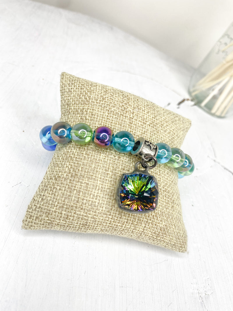 Mermaid Glass Bracelet W/ Czech Crystal Charm