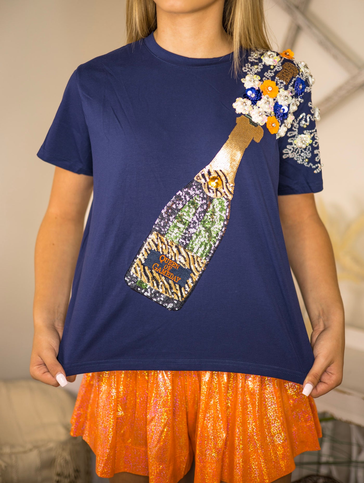 Queen Of Sparkles Navy Tiger Print Popping Champagne Tee