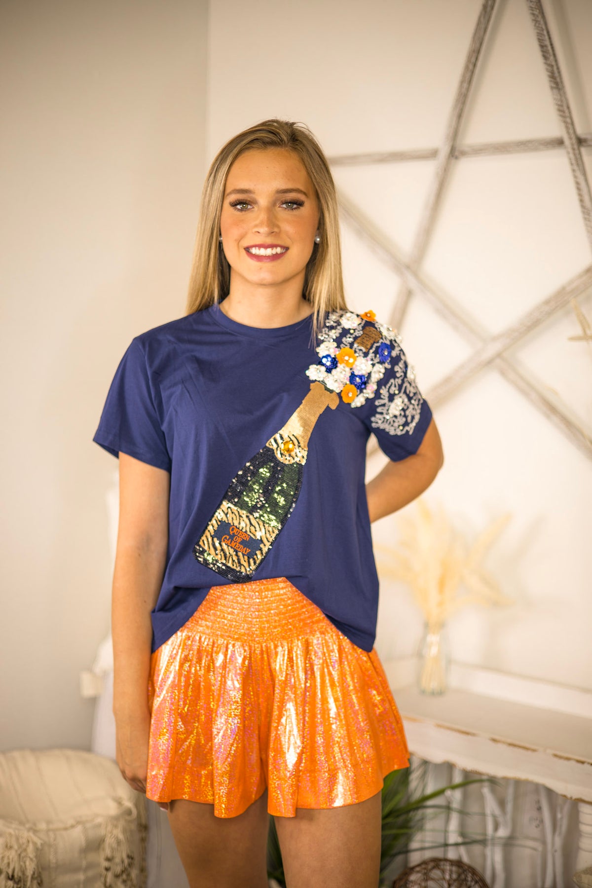 Queen Of Sparkles Navy Tiger Print Popping Champagne Tee